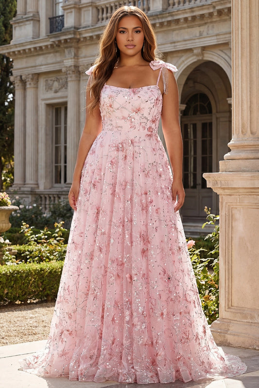 roselledress blush pink plus size a-line square neck bow strap floral sequin prom gown for curvy women