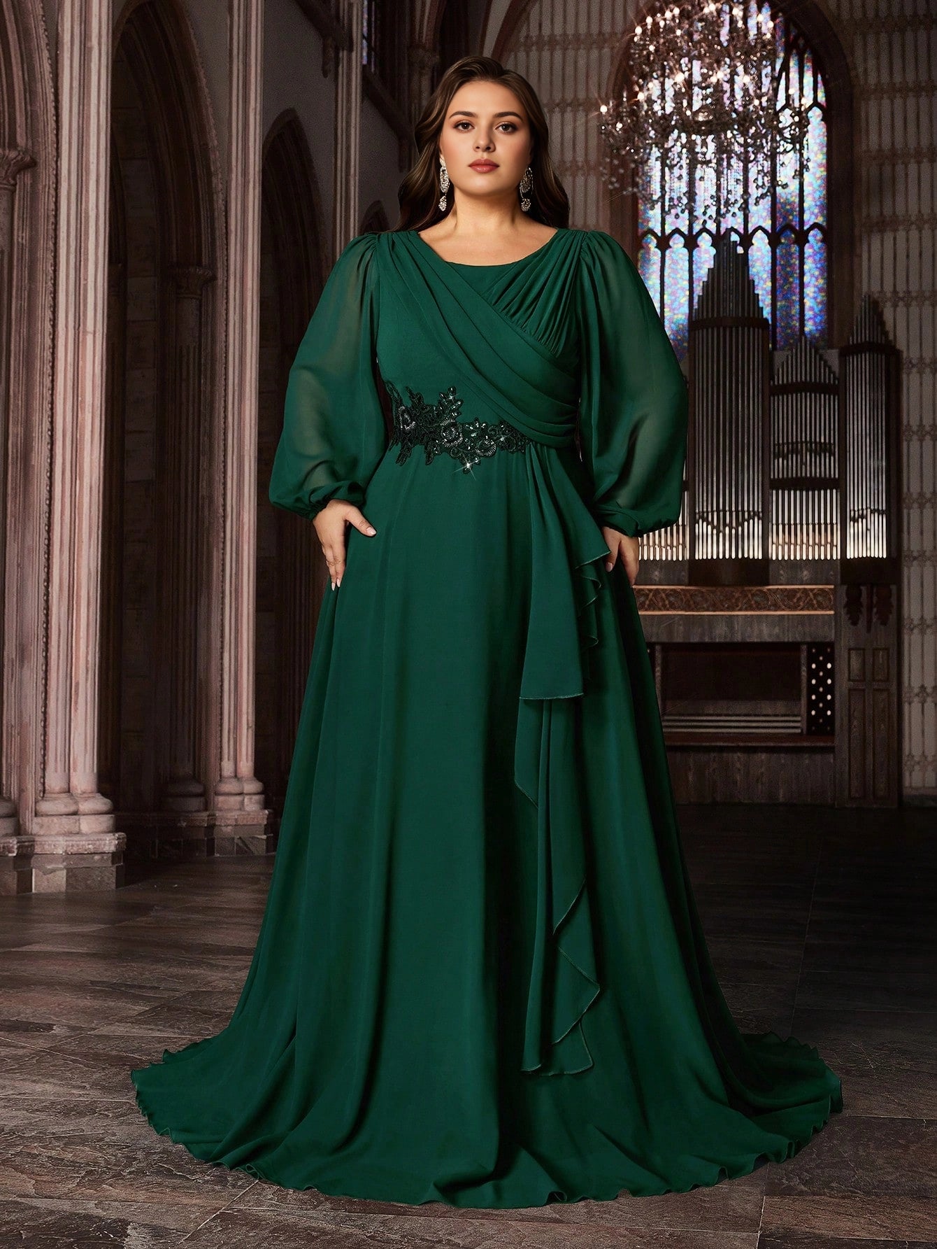 Roselledress plus size emerald green chiffon prom dress wrap round neck lace waist applique long sleeve floor length front view