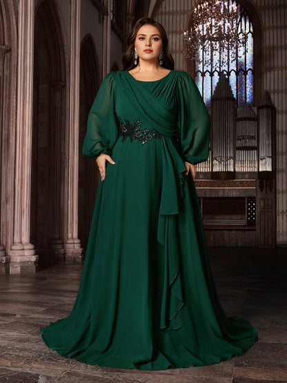 Roselledress plus size emerald green chiffon prom dress wrap round neck lace waist applique long sleeve floor length front view