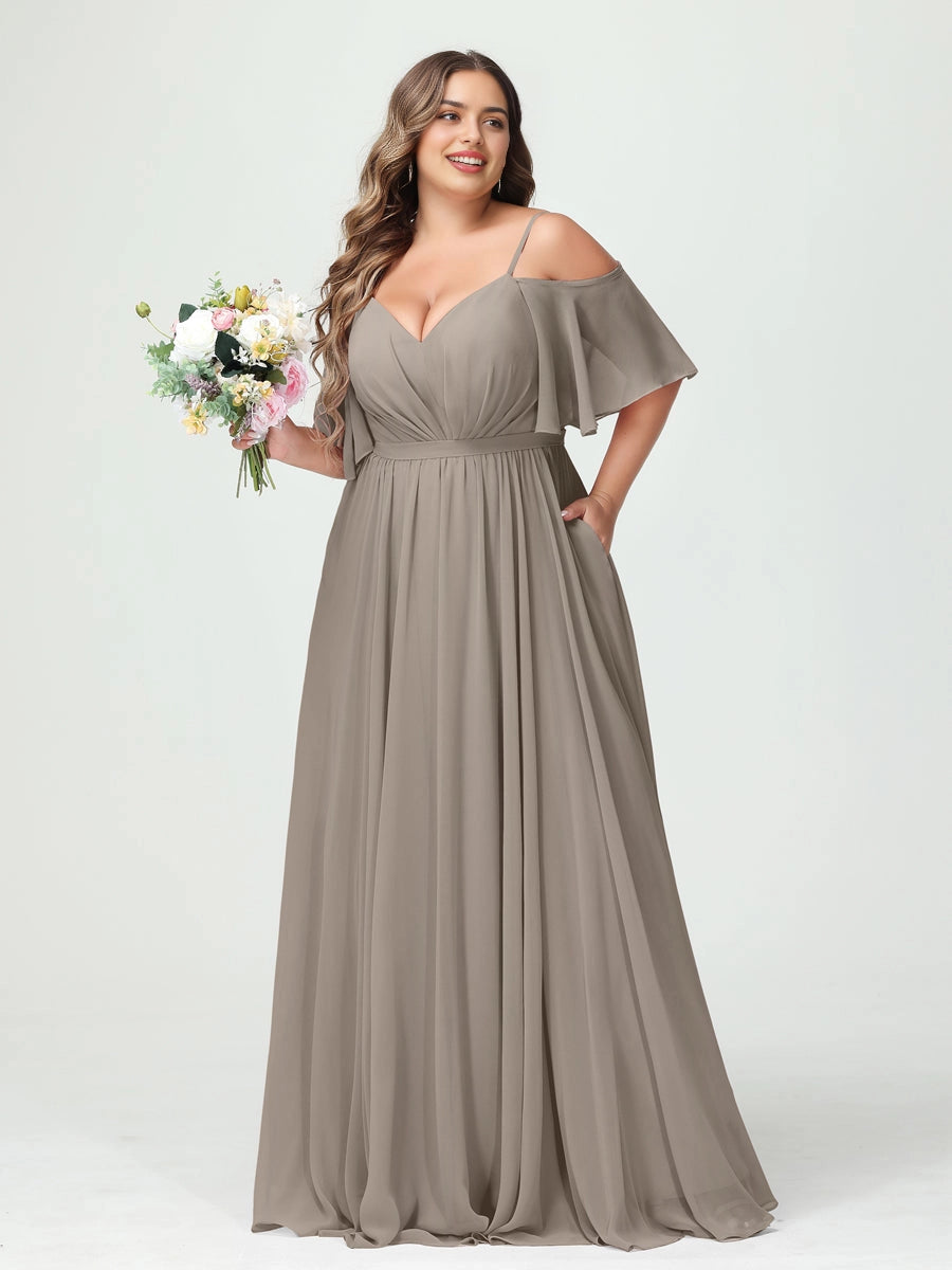 Romantic A-Line V Neck Off Shoulder Flutter Sleeve V Back Pocket Dusty Pink Chiffon Plus Size Mother Of The Bride Dress