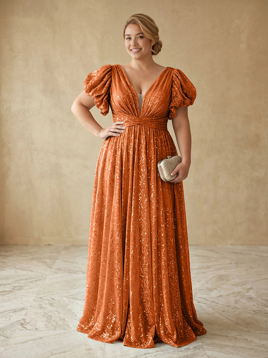 Glamorous A-Line Deep V Puff Sleeve V-Back Floor Length Plus Size Prom Dress