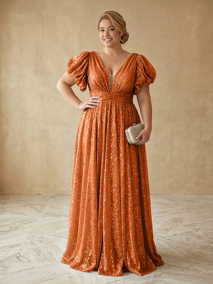 Glamorous A-Line Deep V Puff Sleeve V-Back Floor Length Plus Size Prom Dress