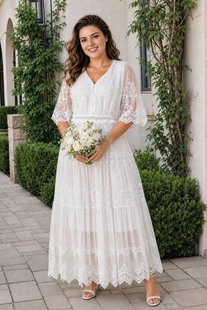 Tiered V-Neck Elbow Sleeve Zip Back Lace Maxi Plus Size Wedding Guest Dress