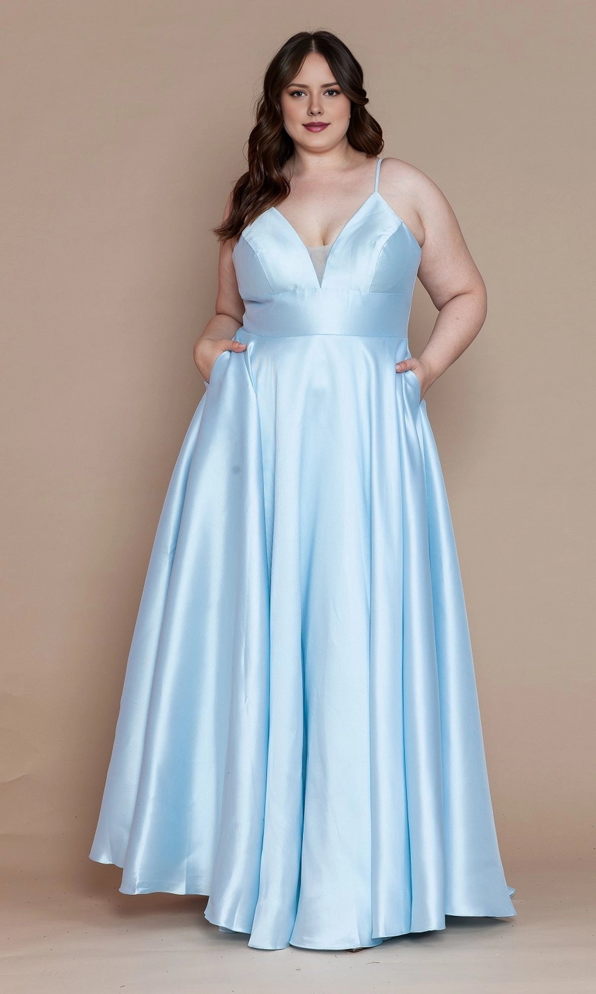 Classic A-Line V-Neck Spaghetti Strap Lace-Up Back Floor Length Plus Size Satin Prom Dress 