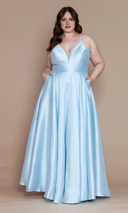 Classic A-Line V-Neck Spaghetti Strap Lace-Up Back Floor Length Plus Size Satin Prom Dress 