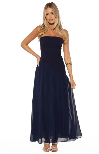 RoselleDress navy mixed fabric strapless tube top a line bridesmaid maxi dress