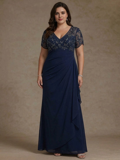 roselledress navy plus size mother of bride gown v neck beaded mesh short sleeve ruched chiffon maxi dress