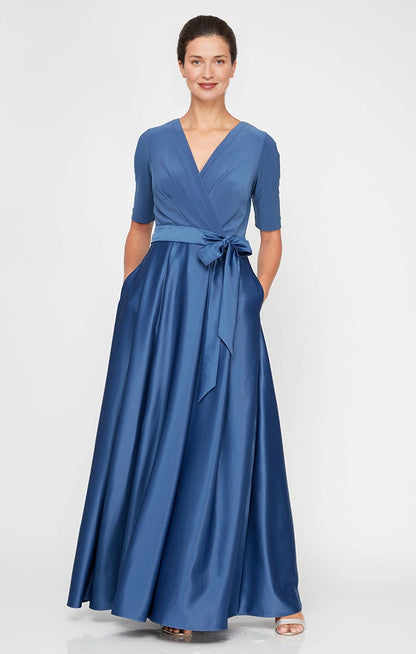 Modest A-Line V-Neck Elbow-Sleeve Closed-Back Floor-Length Mother of the Bride Dresses