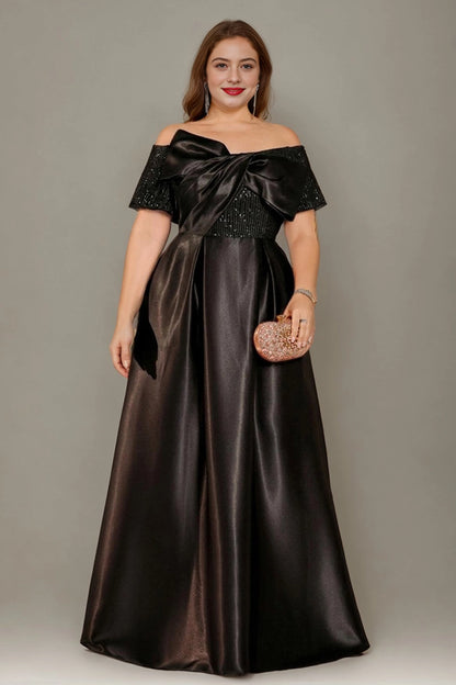 Roselledress black plus size off shoulder satin bow evening gown sequin short sleeve A-line formal maxi dress