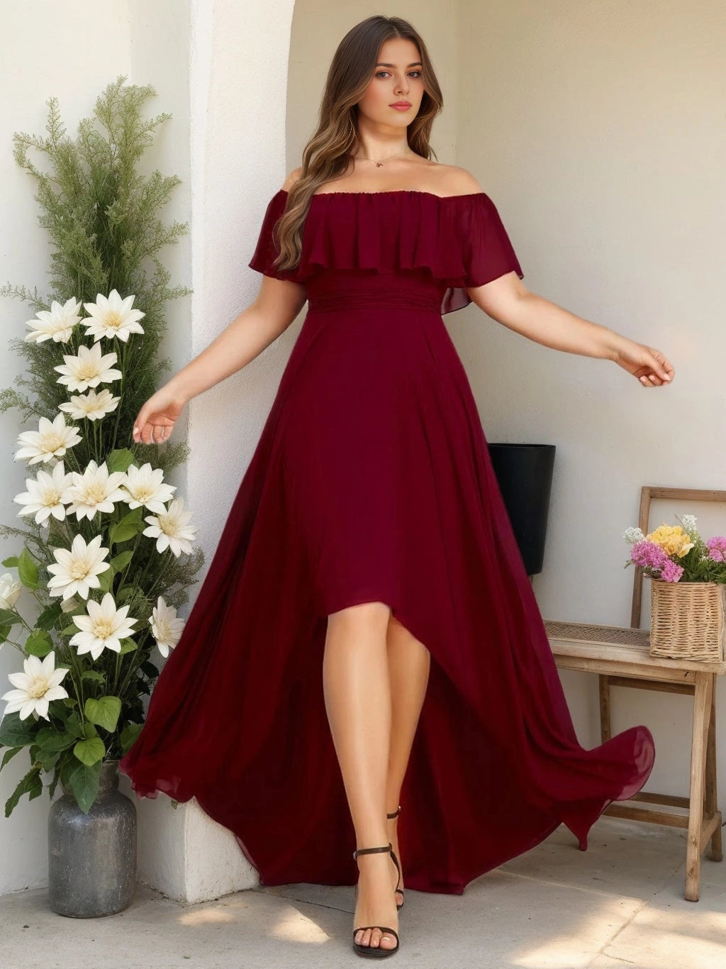 RoselleDress burgundy chiffon plus size bridesmaid dress off shoulder ruffle short sleeve asymmetrical high low wedding formal gown