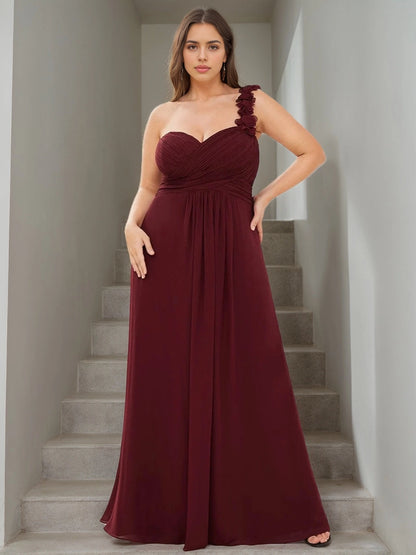 RoselleDress burgundy chiffon plus size bridesmaid dress sweetheart one shoulder 3D floral strap ruched bodice flowy wedding gown