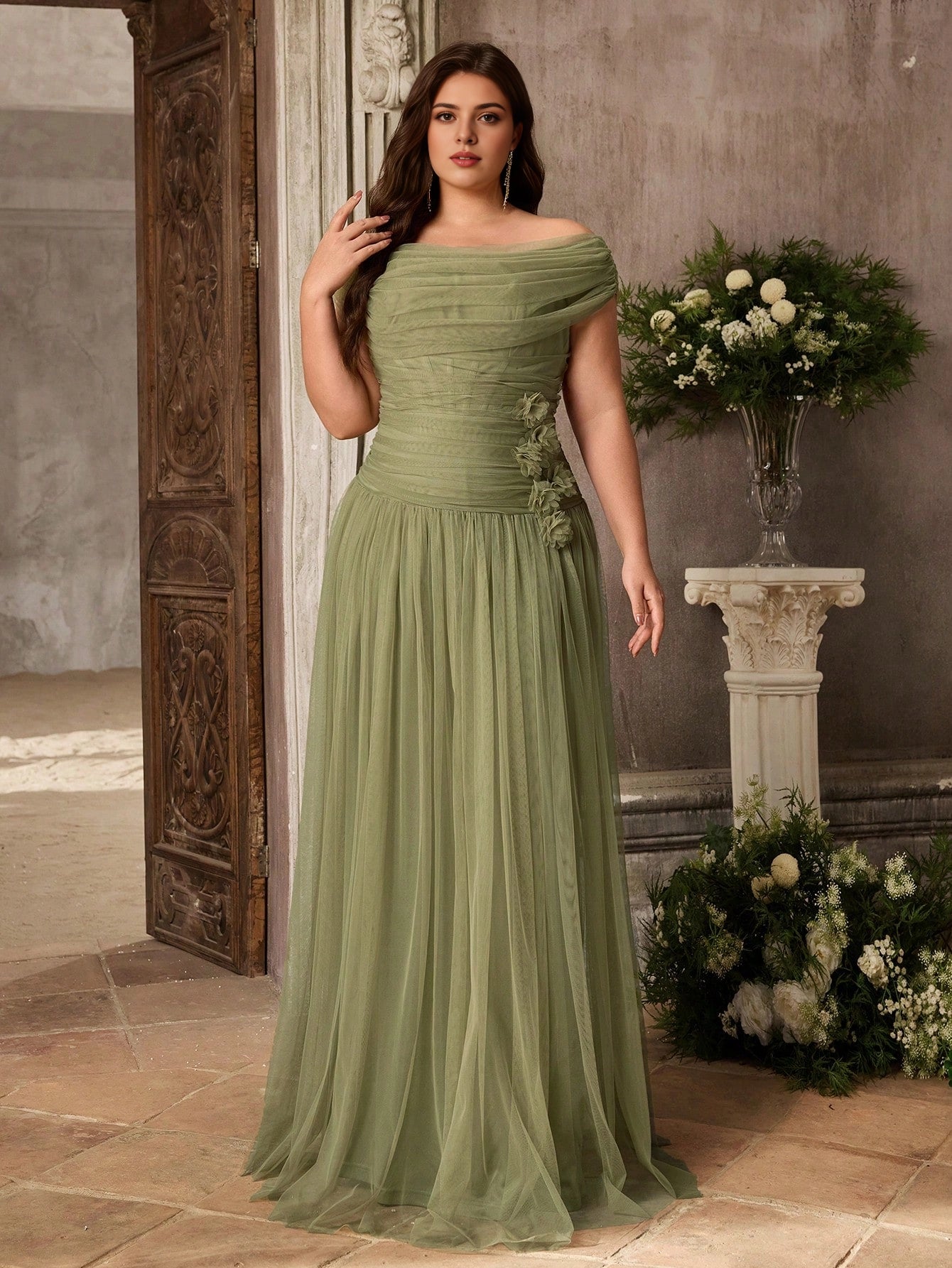 Sage‑Green Plus‑Size A‑Line Off‑Shoulder Short‑Sleeve Zipper‑Back Floor‑Length Prom Dress