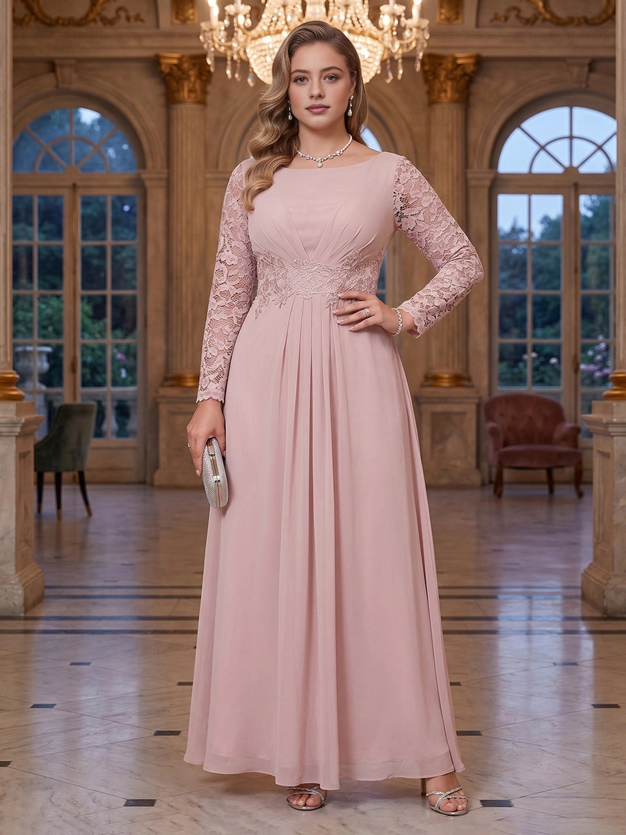 roselledress Nude chiffon plus size floor-length mother dress boat neck long lace sleeve wedding formal gown