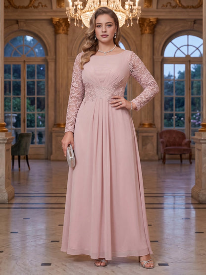 roselledress Nude chiffon plus size floor-length mother dress boat neck long lace sleeve wedding formal gown