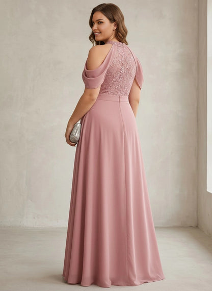 Roselledress blush pink lace mother of bride gown back view, high halter keyhole back plus size wedding mother long dress