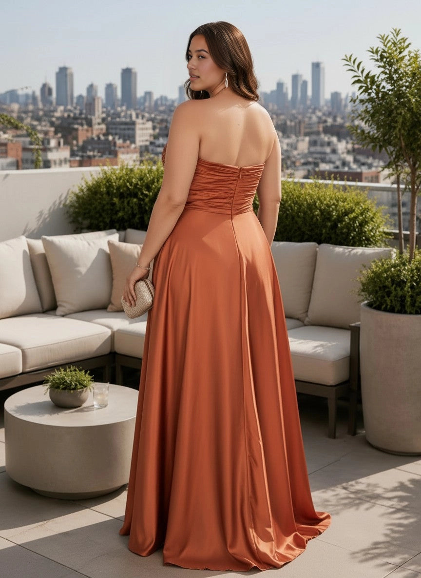 Roselledress satin formal dress plus size ruched strapless back invisible zipper long prom dress back view