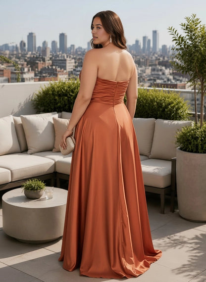 Roselledress satin formal dress plus size ruched strapless back invisible zipper long prom dress back view