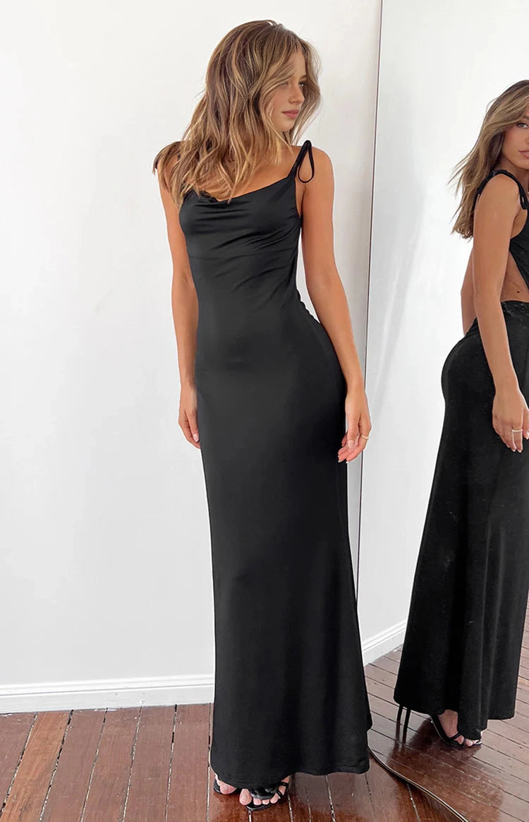 Black Mermaid Cowl Neck Tie Strap Plain Back Long Prom Dress