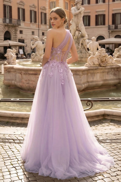 Roselledress Flowy A-Line One Shoulder Lace Corset Lace-Up Slit Train Plus Size Prom Dress