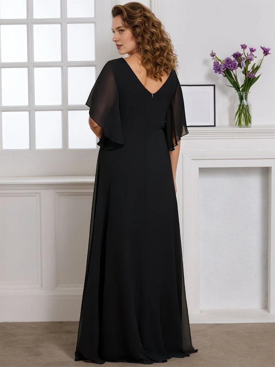 Graceful A‑Line V‑Neck Flutter‑Sleeve V‑Back Floor‑Length Plus Size Mother Of The Bride Dress