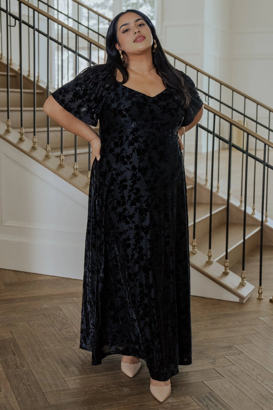 Roselledress plus size black floral flocked mother of the bride dress sweetheart neck short puff sleeve floor length front view