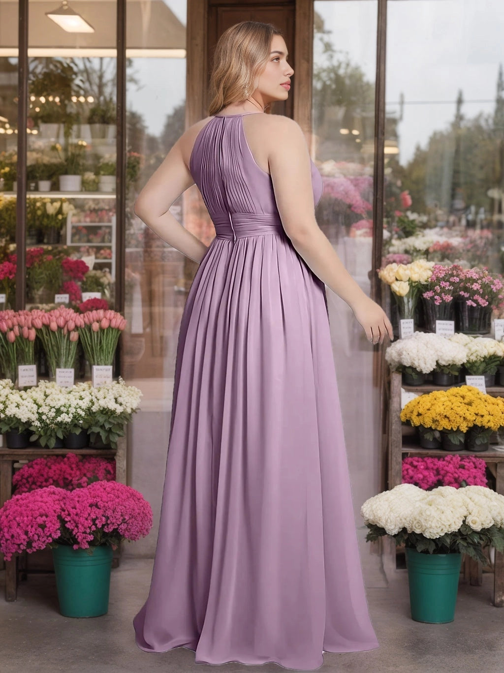 roselledress curvy lavender chiffon bridesmaid dress high pleated halter open back hidden zipper waistband floor length bridal party gown