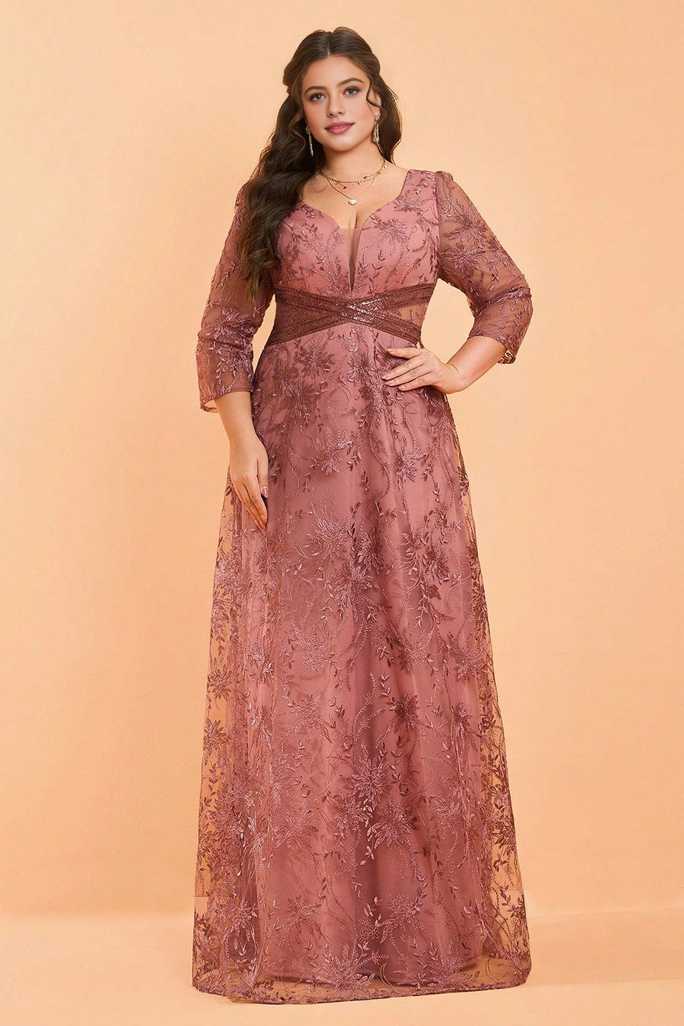 Roselledress Rose gold lace plus size mother gown 3/4 sleeve floral embroidery maxi dress front shot