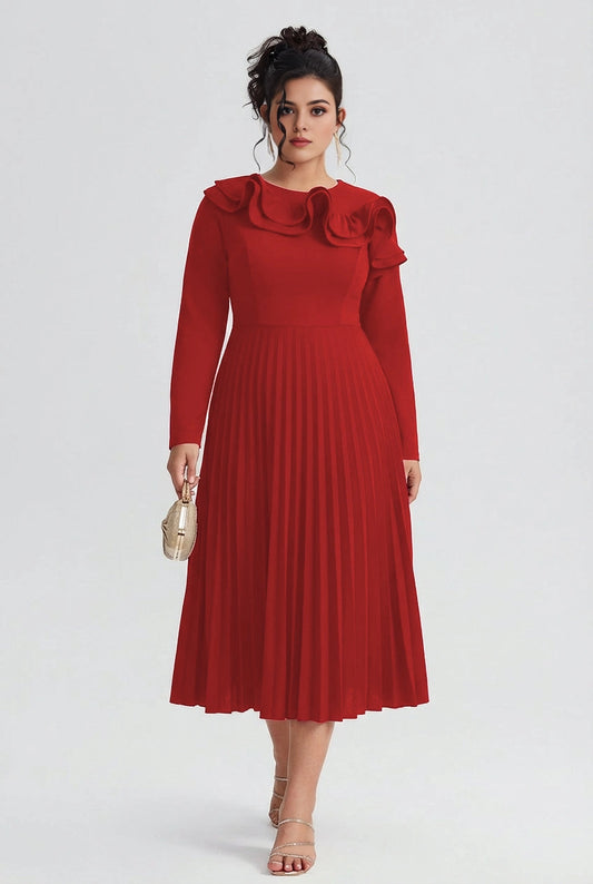 Roselledress red plus size a‑line cocktail dress ruffle round neck long sleeve pleated midi formal dress