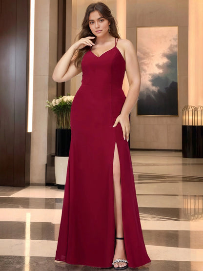 roselledress burgundy plus size chiffon bridesmaid dress v neck spaghetti strap mermaid gown high slit formal dress for winter wedding