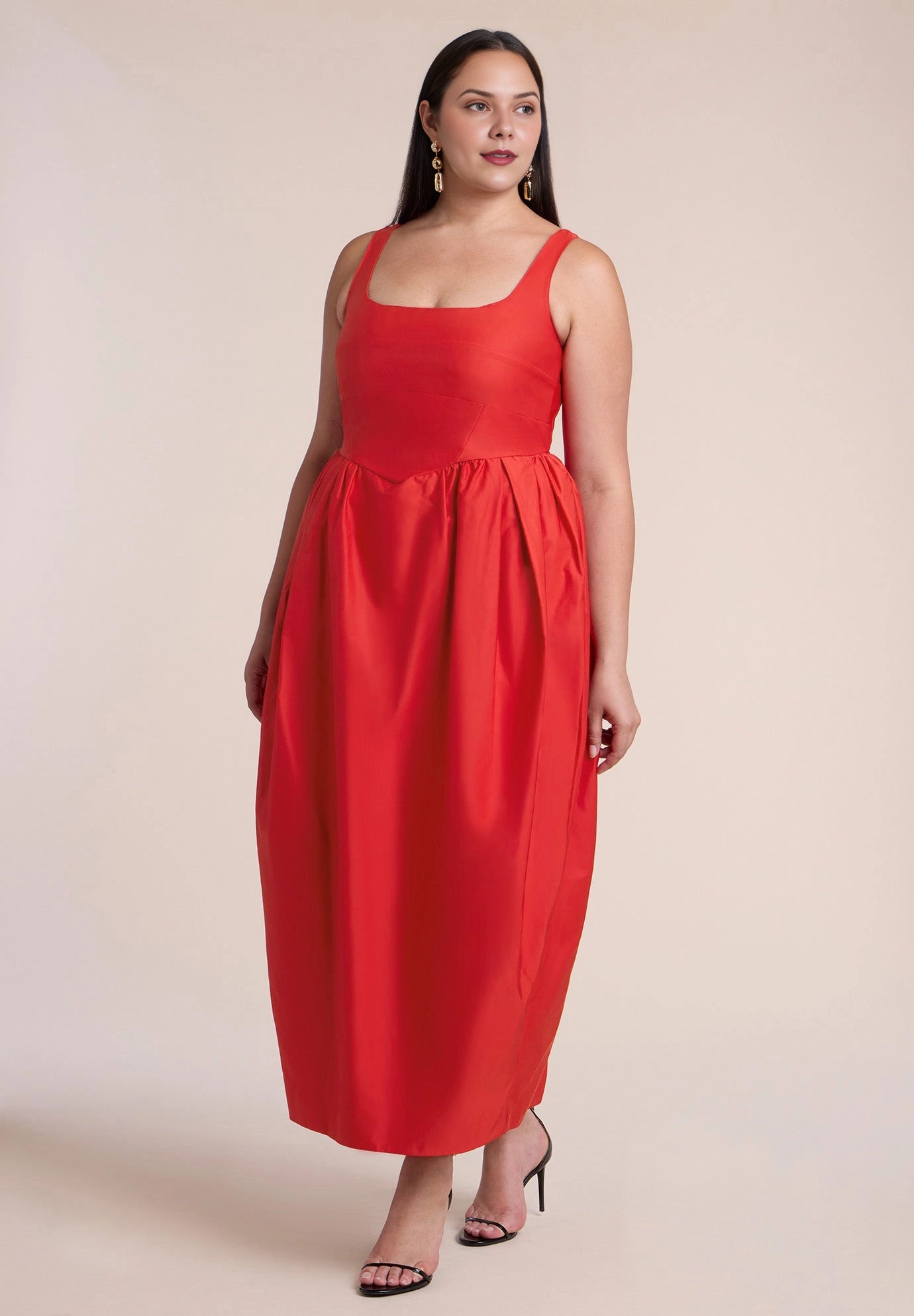 Mustard Cotton Plus Size A‑Line Square Neck Sleeveless Back Slit Midi Wedding Guest Dress
