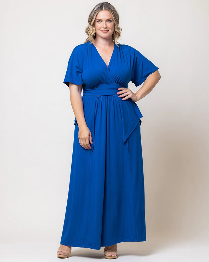 Elegant Plus Size A-Line V-Neck Flutter Sleeve Closed Back Long Mother of the Bride Dress