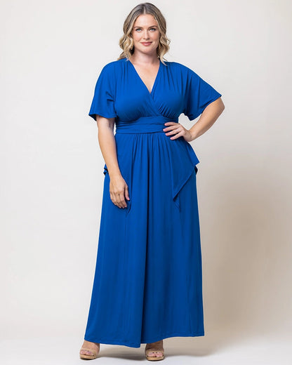 Elegant Plus Size A-Line V-Neck Flutter Sleeve Closed Back Long Mother of the Bride Dress