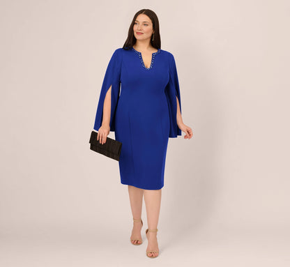 roselledress royal blue plus size sheath mother of the bride dresses front view beaded v neck cape sleeve knee length formal crepe gown