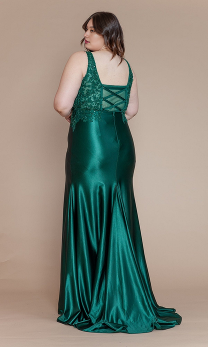 Roselledress plus size lace mermaid prom dress back view, crisscross corset back emerald green evening gown