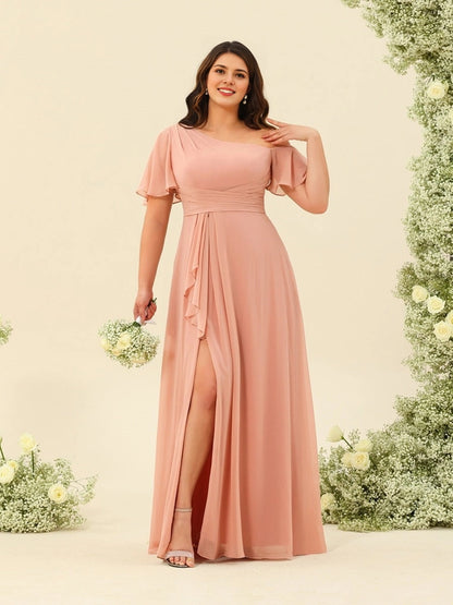roselledress dusty pink plus size bridesmaid gown one shoulder flutter sleeve chiffon high slit floor-length formal dress front view