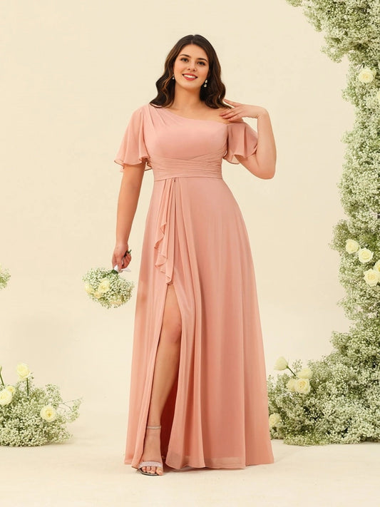 roselledress dusty pink plus size bridesmaid gown one shoulder flutter sleeve chiffon high slit floor-length formal dress front view