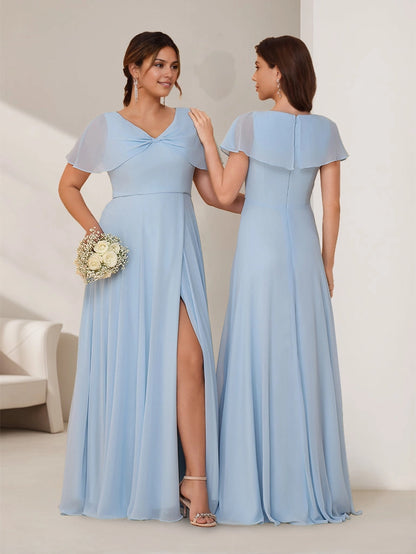 Roselledress chiffon formal dress plus size flutter sleeve zipper back slit bridesmaid dress back view