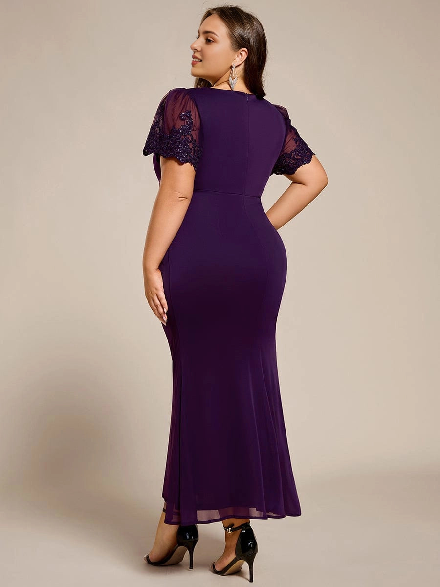 Roselledress Mermaid Maxi V-Neck Lace-Sleeve Solid-Zip-Back Floor-Length Plus Size Weeding Guest Dress