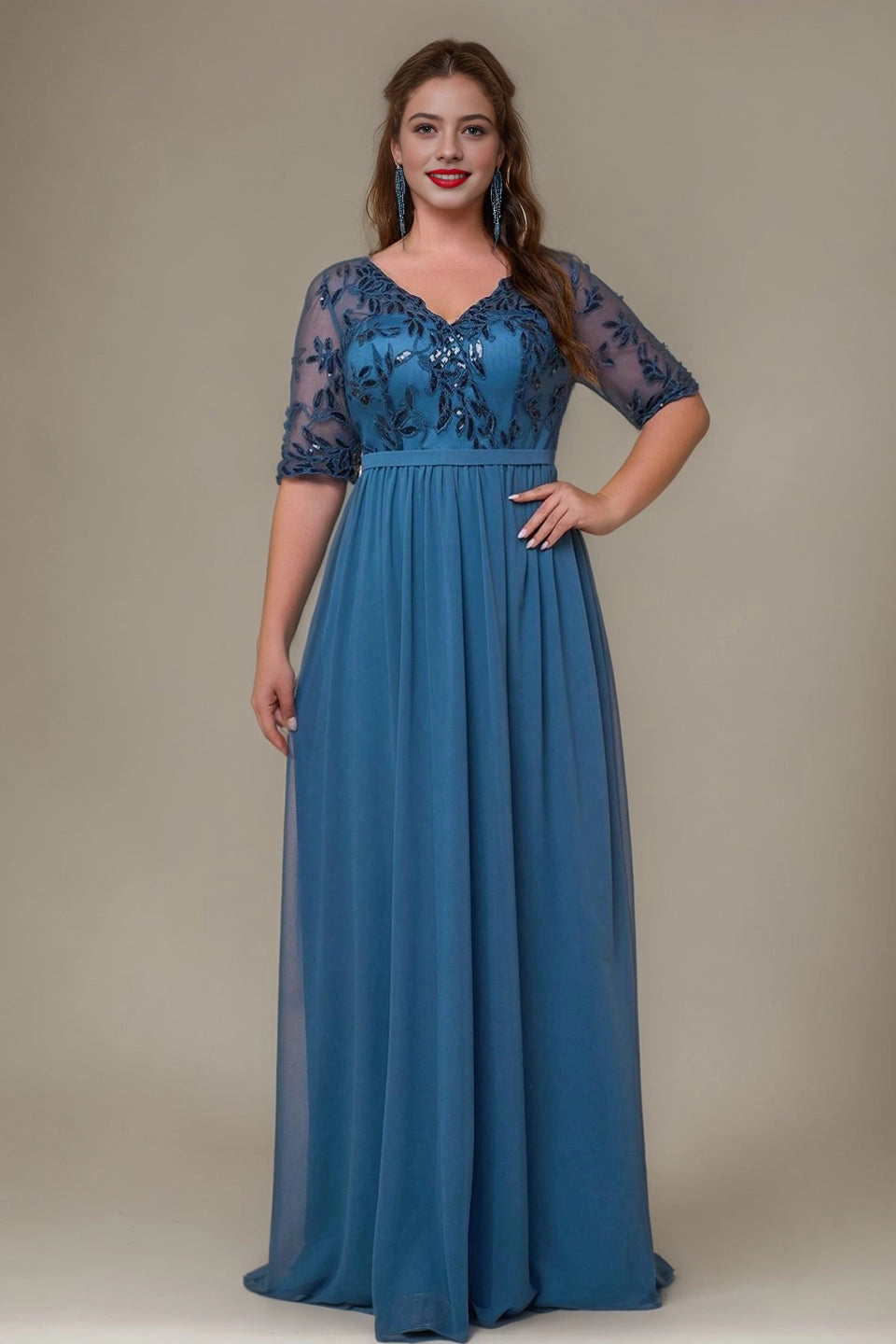 Roselledress dusty blue plus size V neck lace chiffon mother dress mid sleeve A-line floor formal gown