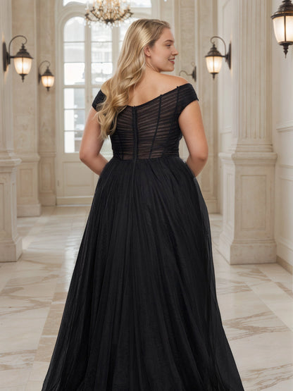 RoselleDress black plus size wedding guest dress off‑the‑shoulder sheer mesh back zipper maxi gown back view