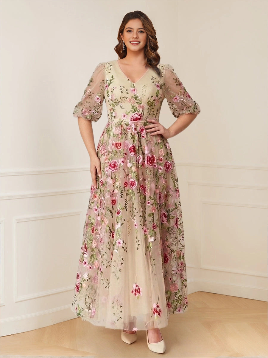 roselledress floral embroidery tulle plus size floor mother dress v neck bubble sleeve garden wedding gown