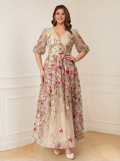 roselledress floral embroidery tulle plus size floor mother dress v neck bubble sleeve garden wedding gown