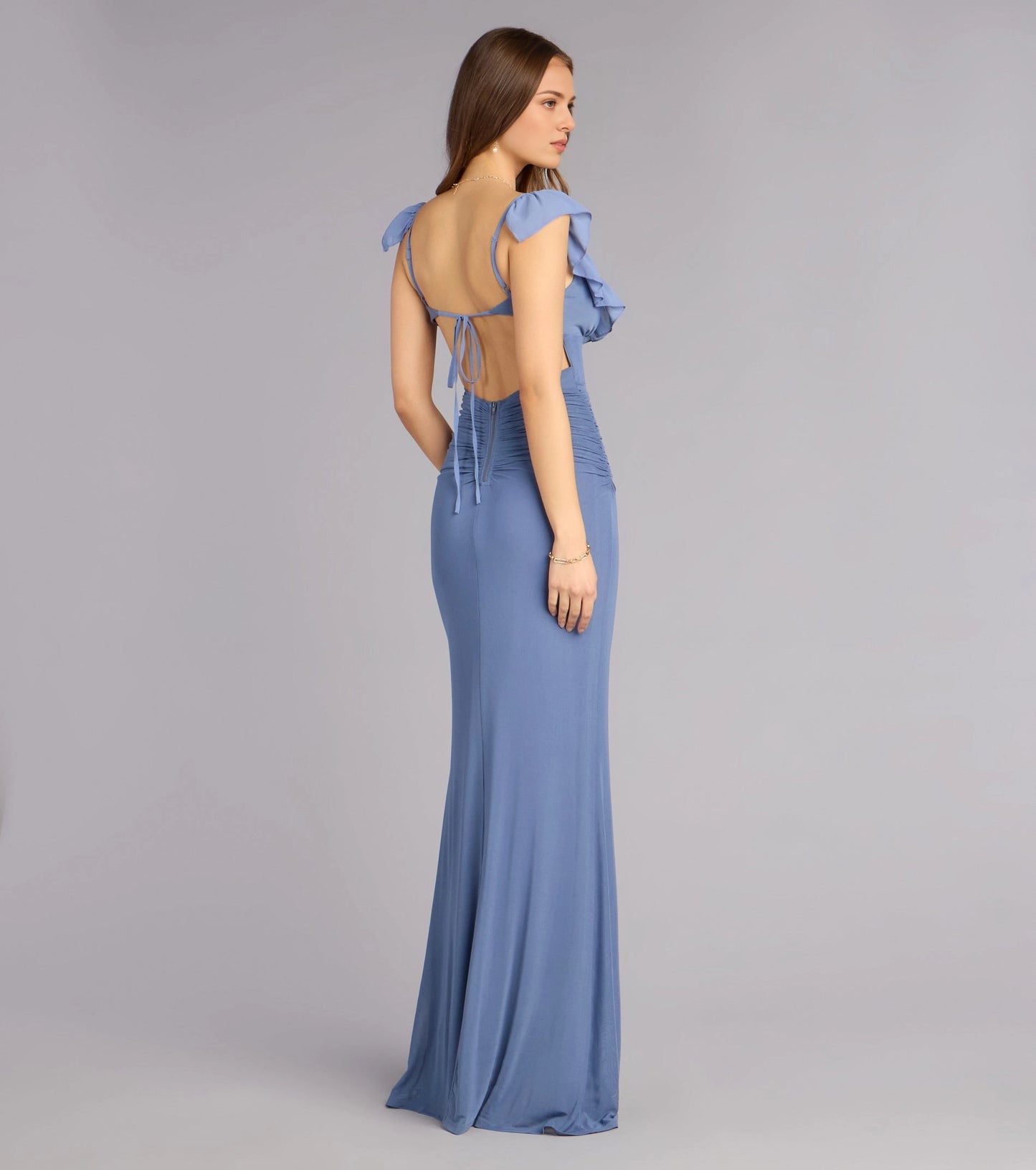 Roselledress dusty blue backless tie up bridesmaid dress open tie back zipper floor length mermaid evening gown