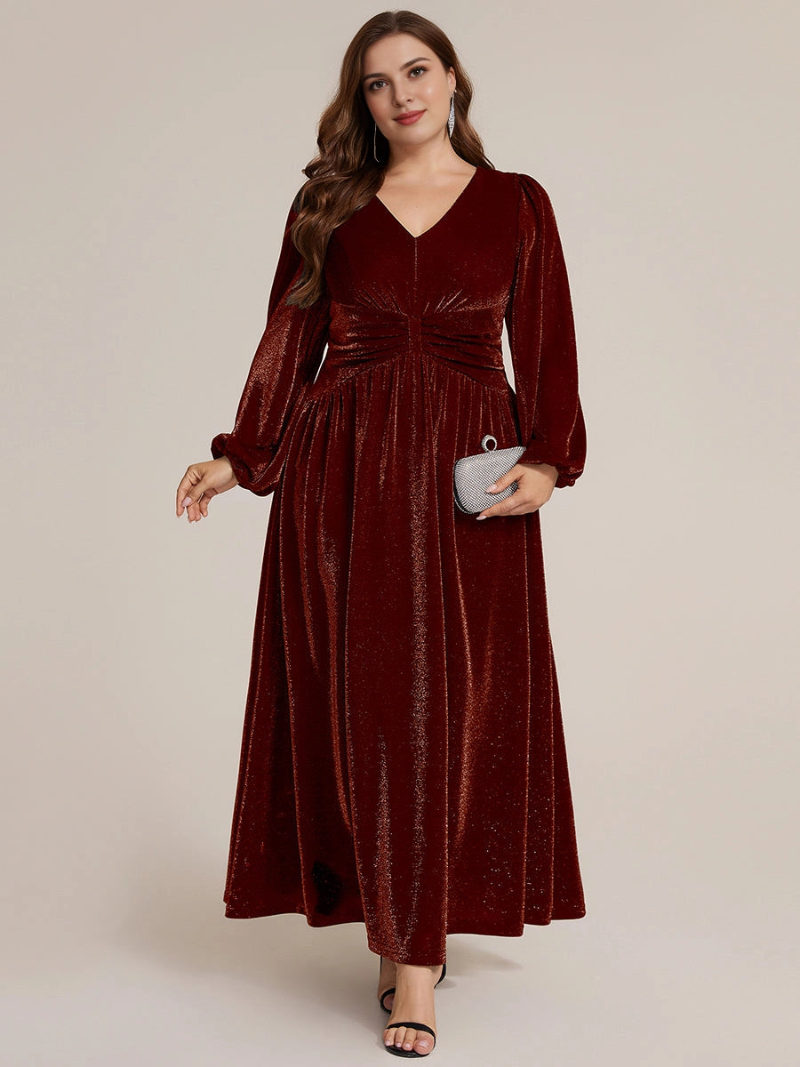 Roselledress Navy Glitter A Line V Neck Long Sleeve Plain Back Maxi Length Plus Size Wedding Guest Dress 