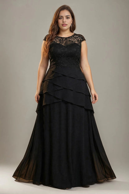 Vedress black plus size round cap sleeve long prom dress lace layered chiffon a-line evening gown