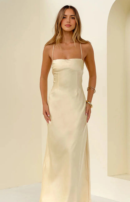 Cream Yellow Slip Straight Neck Spaghetti Strap Criss Cross Back Long Prom Dress