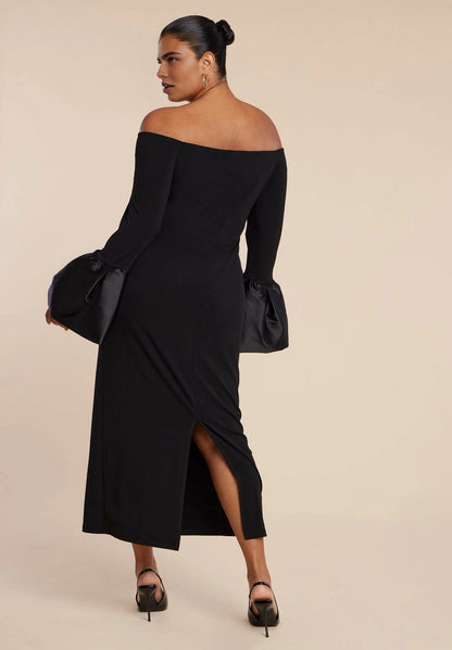 roselledress black plus size off-shoulder bodycon midi dress back slit satin bell cuff sleeves formal gown back view