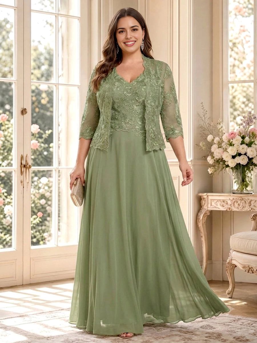 roselledress sage green chiffon plus size mother of the bride dress two‑piece set v‑neck 3/4 sleeve lace jacket floor‑length garden wedding gown