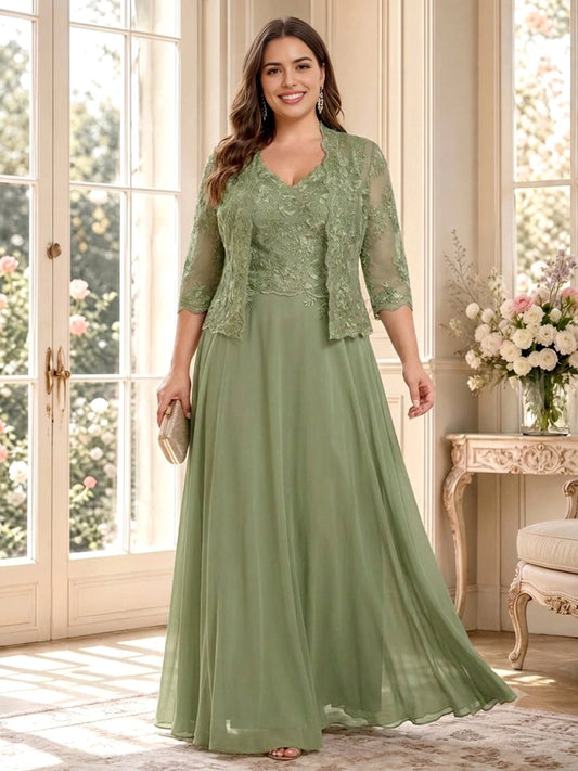roselledress sage green chiffon plus size mother of the bride dress two‑piece set v‑neck 3/4 sleeve lace jacket floor‑length garden wedding gown