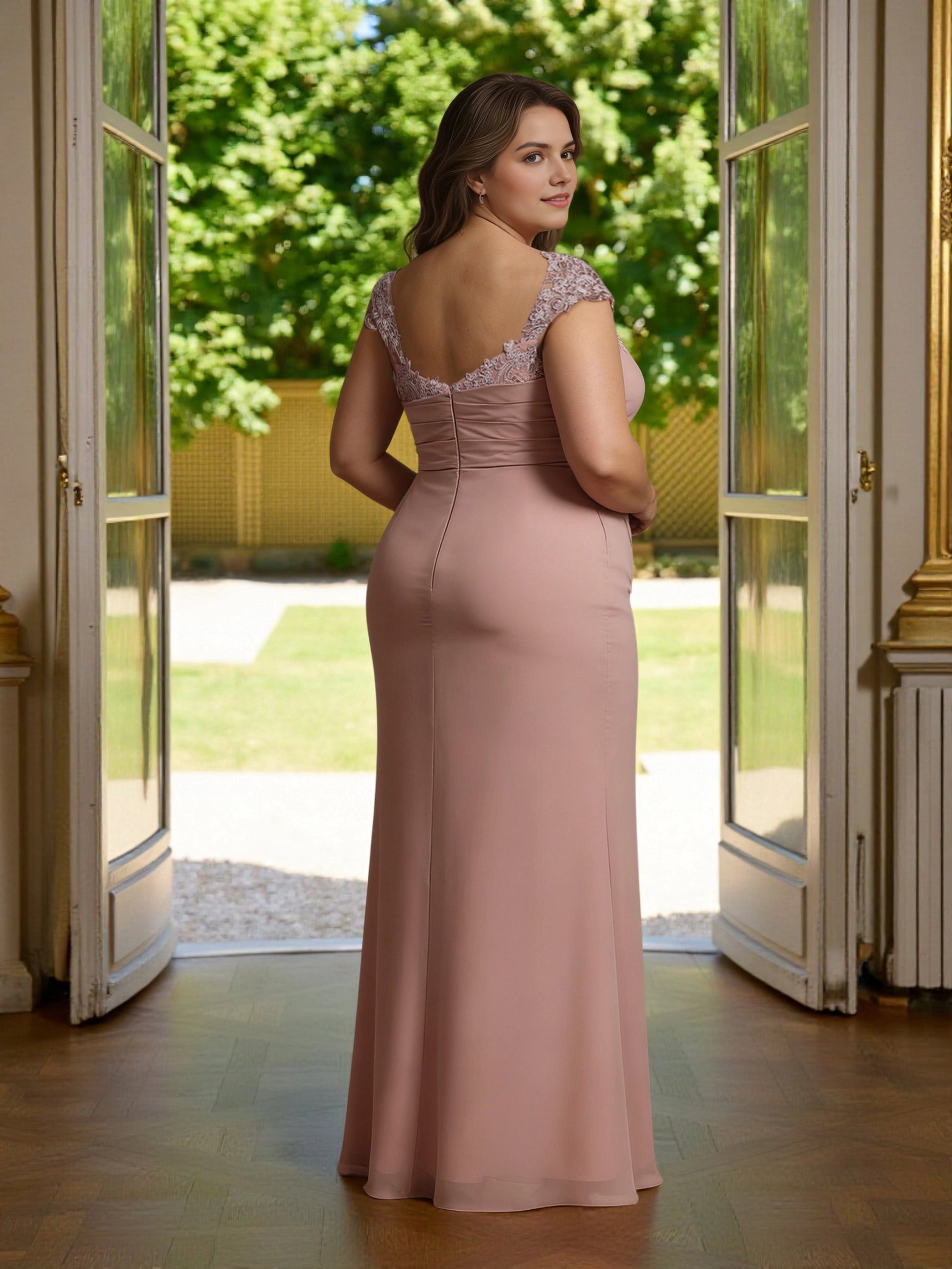 Roselledress dusty rose mermaid evening dress back view, zipper closure lace off‑shoulder mother of bride gown
